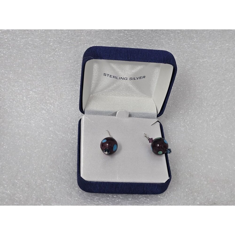 Handblown Artisan Glass Bead Earrings .925 Sterling Silver Purple Polka Dot Drop